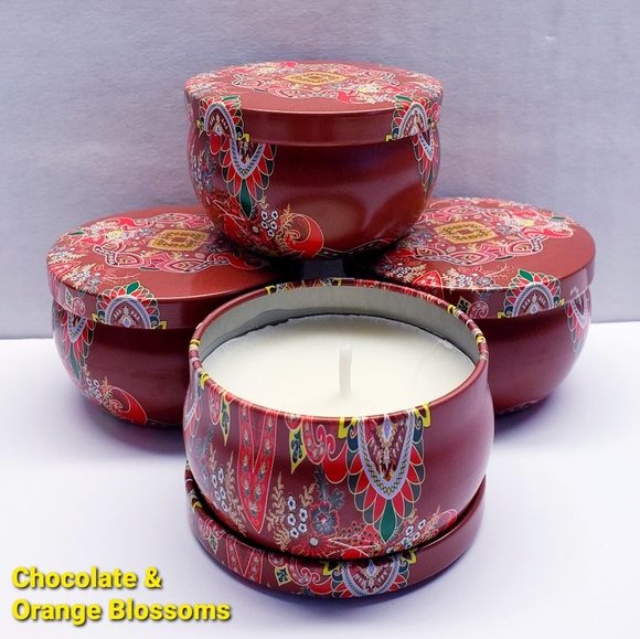 CHOCOLATE & ORANGE BLOSSOMS Scented Mini Tin Jar Soy Wax Candles, 2 oz (4 pack) - Picture 1 of 7